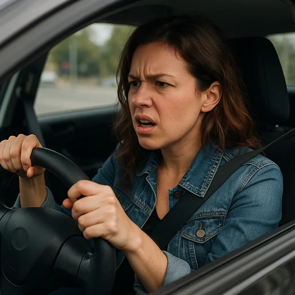 Woman in denim jacket looking shocked while driving car, gripping steering wheel with alarmed facial expression
